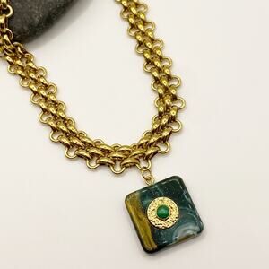 NEW Chunky Gold Green Pendant Necklace
